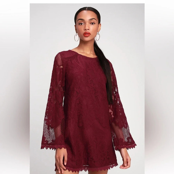 Lulus cranberry lace shift dress with bell sleeves size M - Picture 2 of 14
